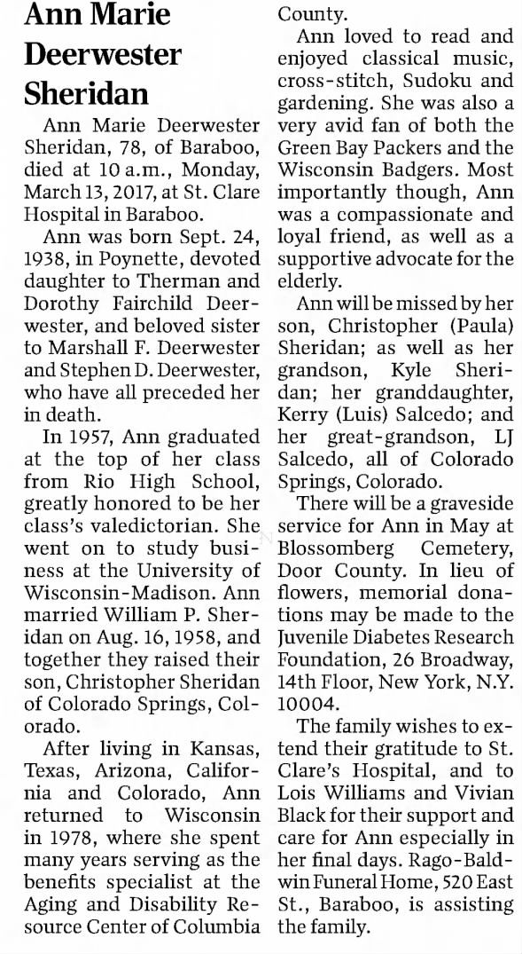 Obituary for Ann Marie Deerwester Sheridan, 1938-2017 (Aged 78)
